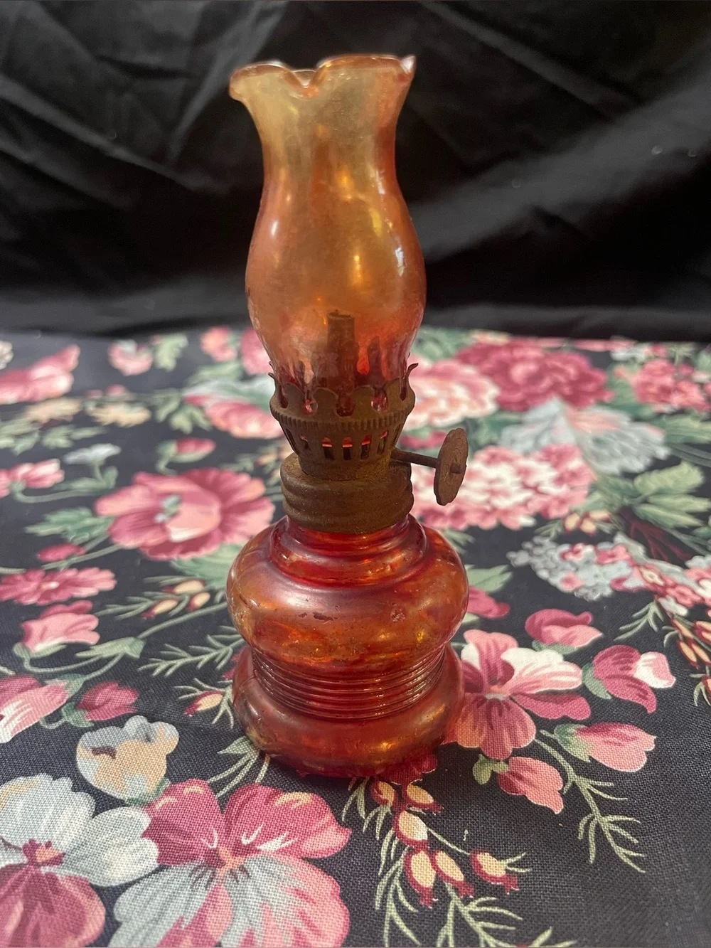 Vintage Mini Red Glass Hurricane Table Lamp - Decorative Home Accent